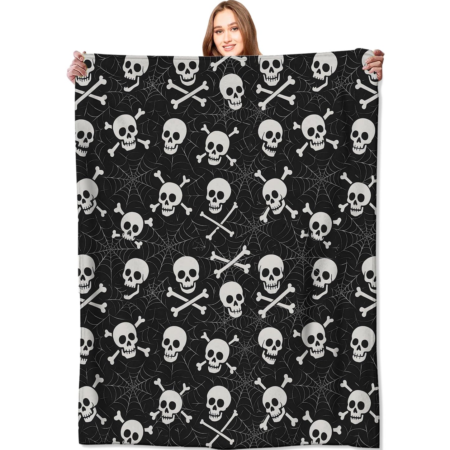 VODRM Skull and Crossbones Blanket Halloween Holiday Decor Gothic Spooky Skeleton Black Throw Gifts Lightweight Soft Fleece Spider Web Blankets for Creepy Fall Vibe Horror Goth Decoration 50x60in