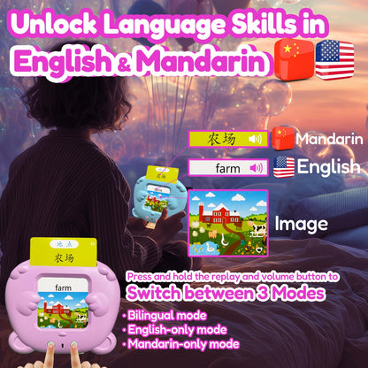 MoLingvora Bilingual Talking Flash Cards for Kids - Mandarin English Flashcards Children Adults, 510 Sight Words, ABC Alphabet, Pocket Speech for Toddlers, Audible Sensory Toys (Chinese, Pink)