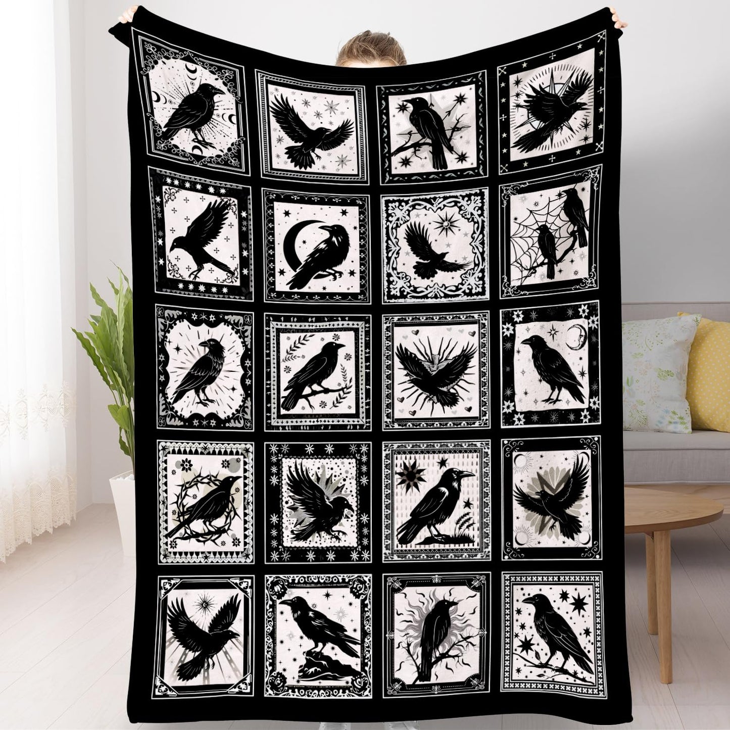 Bird Blanket Halloween Black Gothic Throw Blanket Ultra Soft Retro Hummingbird Blankets Raven Crow Throw Bird Lover Gift Bed Cover Cozy Flannel Fuzzy Plush Couch Cover for Sofa 50" X 60"