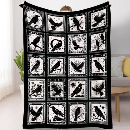 Bird Blanket Halloween Black Gothic Throw Blanket Ultra Soft Retro Hummingbird Blankets Raven Crow Throw Bird Lover Gift Bed Cover Cozy Flannel Fuzzy Plush Couch Cover for Sofa 50" X 60"