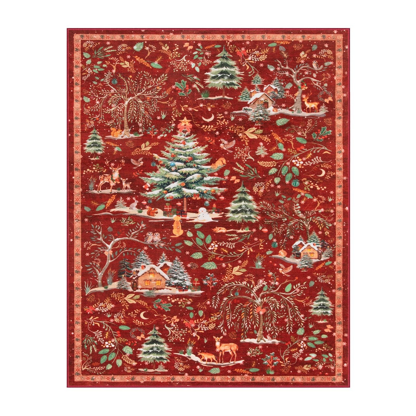 Lahome Christmas 8x10 Area Rug, Washable Soft Large Rug for Living Room, Non Slip Low Pile Bedroom Rug Xmas Tree Indoor Floor Carpet for Dining Room Winter Holiday Decor, Red