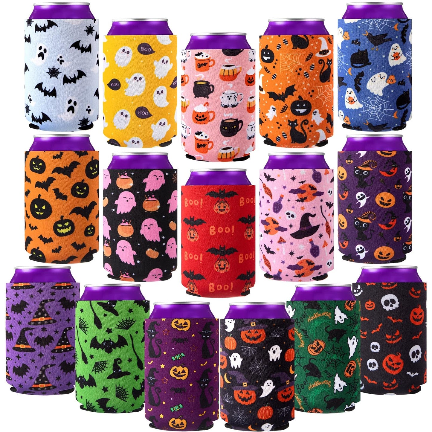 Yiyiring 16 Pcs Halloween Beer Can Cooler Sleeves 12 oz Drink Can Cooler Reusable Neoprene Cold Drinks Bottle Sleeves with Witch Pumpkin Bat Ghost Pattern for Halloween Trick or Treat Party Supplies