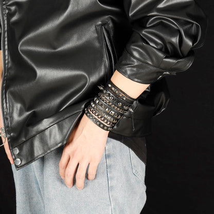 Eigso 3 Pcs Oldschool Cool Punk Steampunk Studded Spikes Rivets Vintage Leather Wide Bracelets for Men and Women with Adjustable Buckle