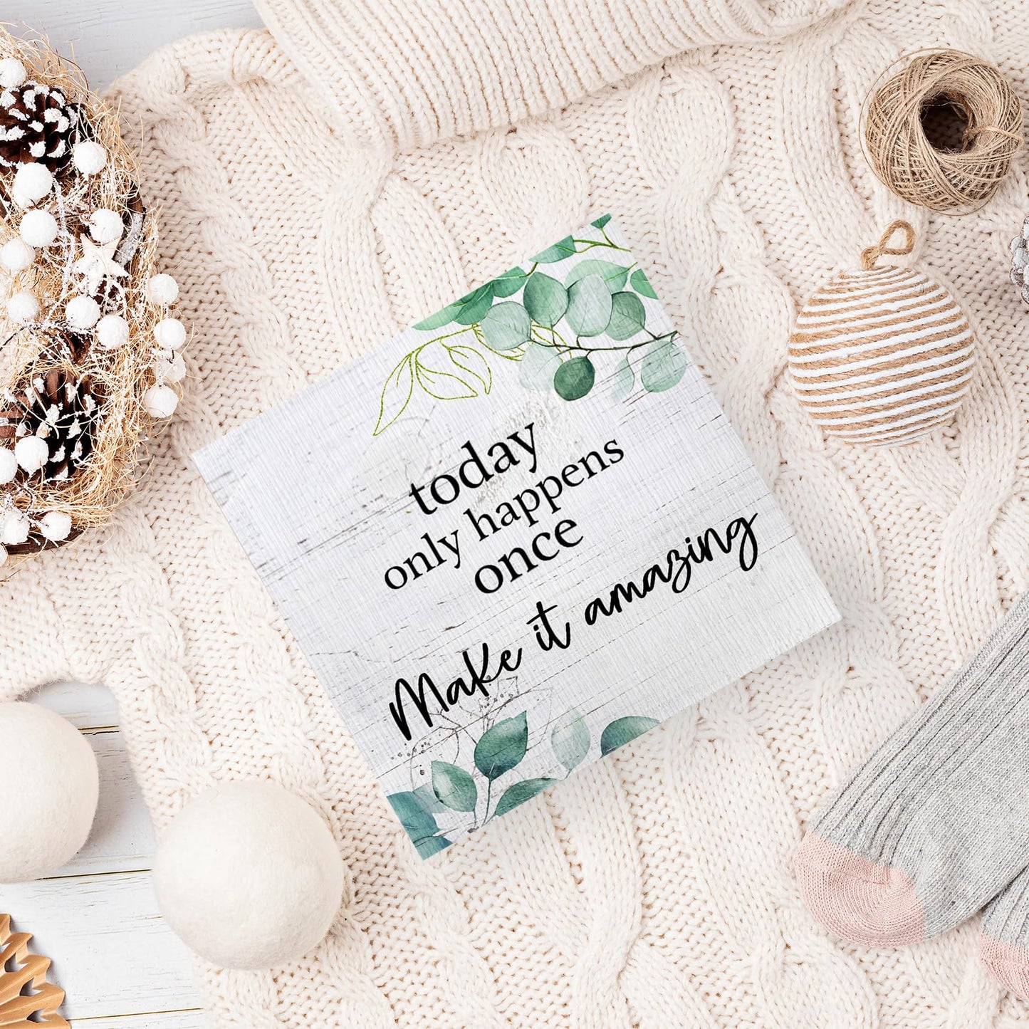ANIANG Inspirational Wooden Box Sign, Motivational Desk Decor, Rustic Modern Farmhouse Decor, Today Only Happens Once Make It Amazing Wood Block Box Sign Plaque for Office Home Shelf
