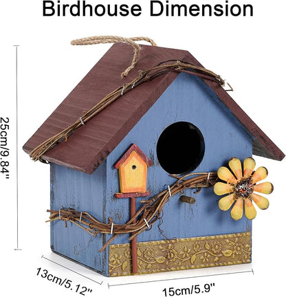 Hanging Bird Houses for Outside Decorative Birdhouse, Garden Bird Feeders for Outdoors, Blue Wooden Bird Nest Box for Wren Finchs Hummingbird Cardinal Bluebird Wild Birds, Gift for Bird Lovers