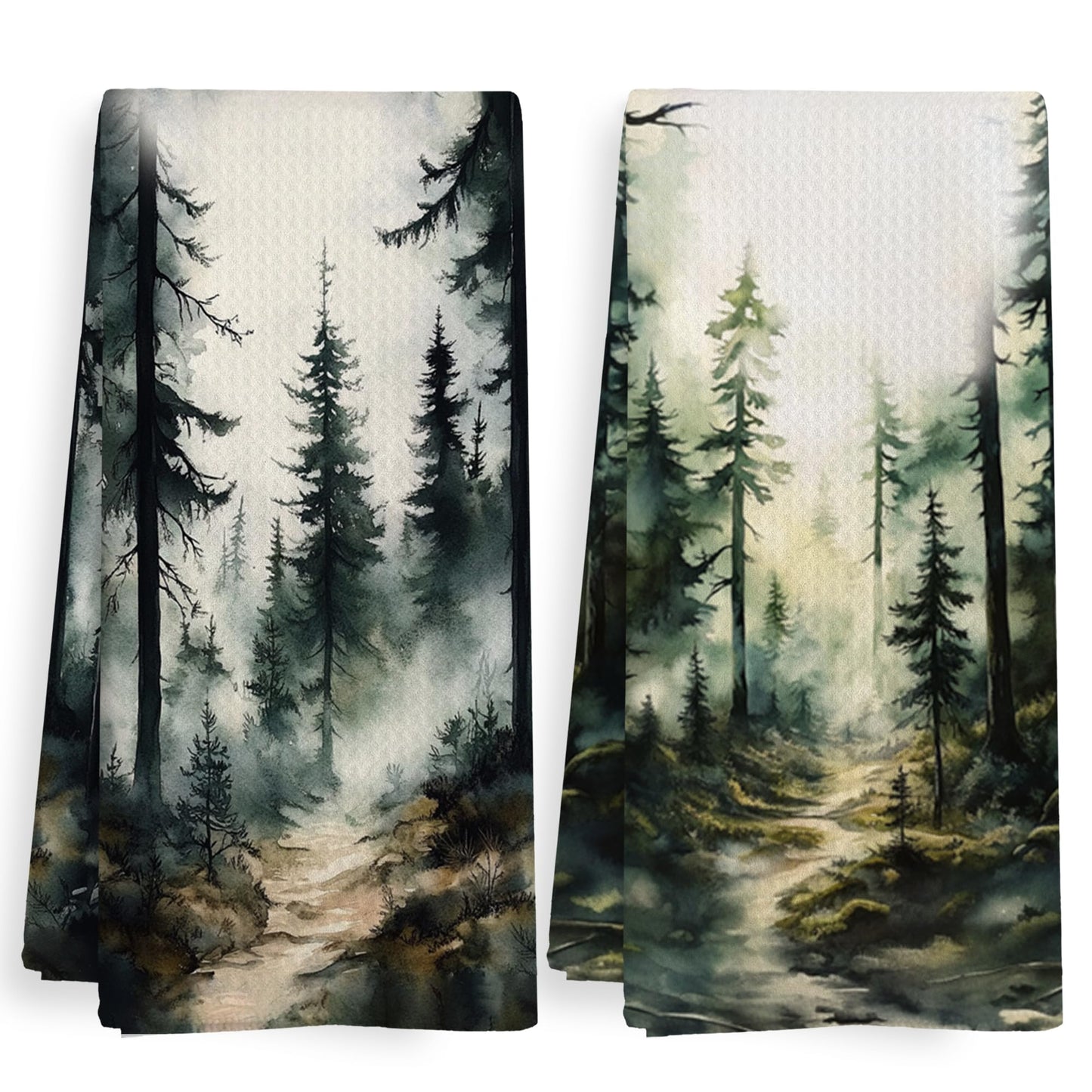 XNXLDYLH Dark Green Forest Camping Kitchen Towels and Dishcloths Sets of 2, Black Forest Mountain Bathroom Room Decor, Rustic Cabin Decor Dish Hand Tea Towels for Bathroom Kitchen, 16x24 Inch
