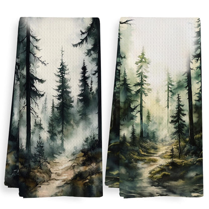 XNXLDYLH Dark Green Forest Camping Kitchen Towels and Dishcloths Sets of 2, Black Forest Mountain Bathroom Room Decor, Rustic Cabin Decor Dish Hand Tea Towels for Bathroom Kitchen, 16x24 Inch