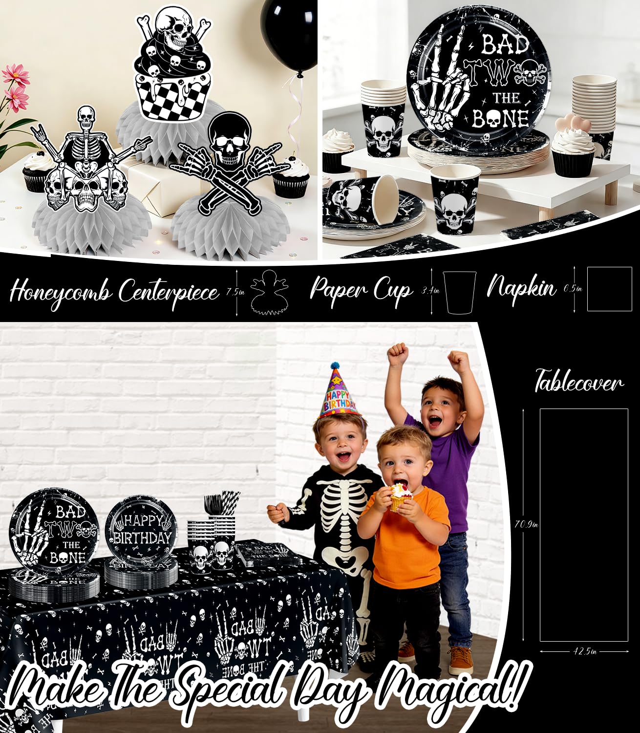 cocomigo Bad Two the Bone Party Decorations Boy for 25 Guests, 292PCS Cute Skeleton-Themed Black White All-in-One 2nd Birthday Decorations, with Balloon Arch Plates Banner Cake Topper & Centerpieces