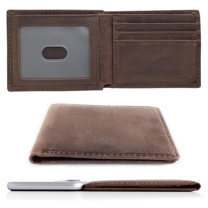 LnxLtw Bifold Travel Wallets for Mens Slim RFID Blocking | Compact Front Pocket Thin Genuine Leather Wallet | Minimalist Credit Card Holder with 4 Card Slots and ID Window Gift Box (Dark Brown)