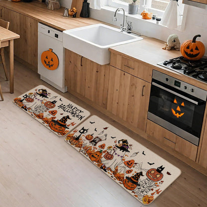 Moutina Happy Halloween Ghost Mushroom Pumpkin Skeleton Decorative Kitchen Rugs Set of 2, Halloween Holiday Party Home Decor Low-Profile Kitchen Mats for Floor - 17x29 and 17x47 Inch