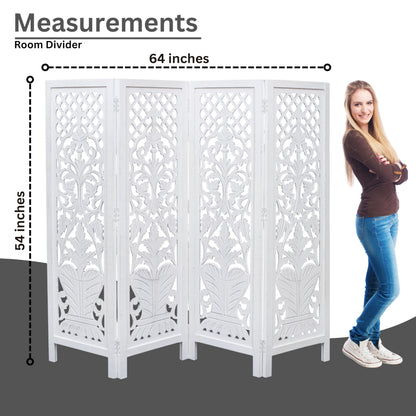 Room Divider Wood Screen Panel – White, 4-Panel Folding 64"x54", Hand-Carved, Reversible Privacy Partition, Decorative & Functional Portable Room Divider for Home or Office