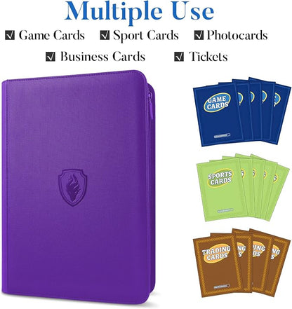 Premium Zip Card Binder, Fabmaker 9 Pocket Trading Card Binder, PU Cover Zipper Card Collection Album, Sturdy 360 Side-Loading Card Folder Holder for Game & Sports Cards, Purple
