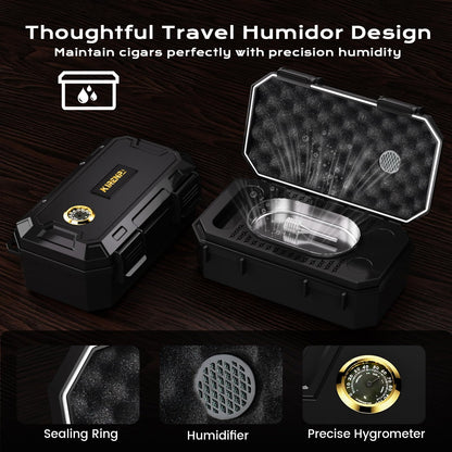 Travel Cigar Humidor Box set with Cigar Ashtray, Cigar Torch Lighter, Built-in V Cutter & Punch & Holder & Draw Enhancer Tool, Humidifier & Hygrometer, Portable Travel Cigar Case, Cigar Gifts for Men