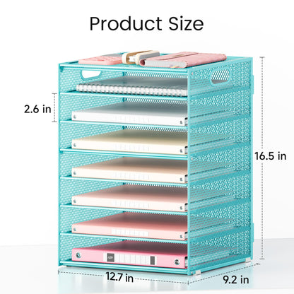 Lavatino 2 Pack 8-Tier Office Desk File Organizer, Letter Tray Paper Organizer with Handle, Including 5 Adjustable Slide Trays for Organizing Desk Workspace Accessories and Supplies (Blue Metal Mesh)