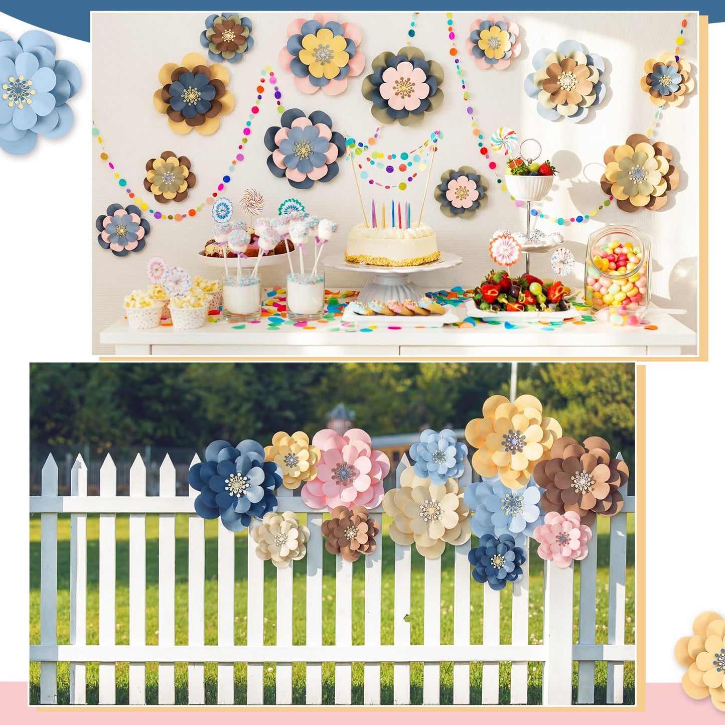 Mooliwe Paper Flowers Decorations for Wall DIY 3D Paper Bulletin Board Mexican Flowers Backdrop Decoration for Classroom Back to School Holiday Party(Fresh,12 Set)