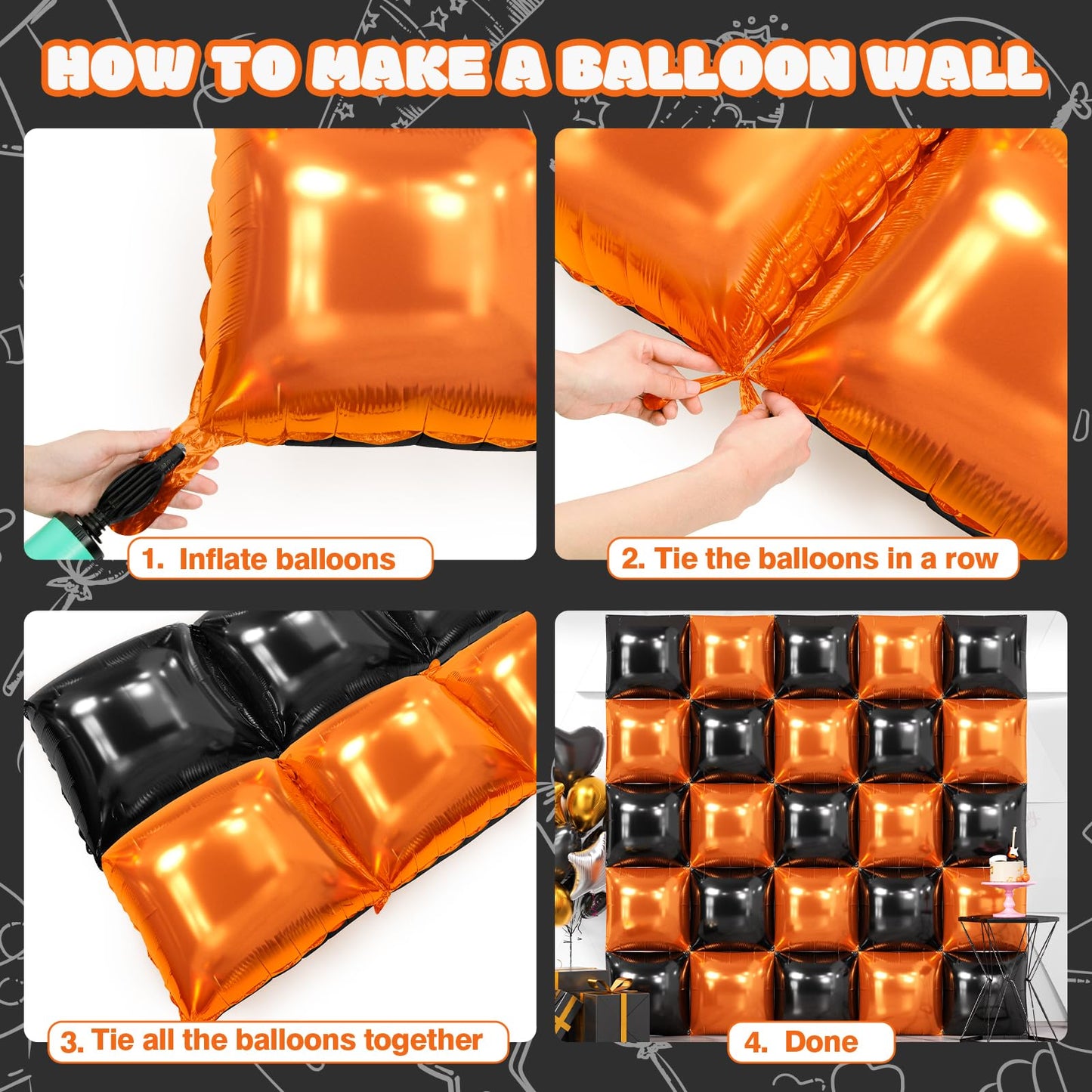 NISOCY 25PCS Halloween Black Orange Square Foil Balloons Wall Backdrop Double Sided Black Orange Balloons Arch Kit for Birthday Graduation Baby Shower Anniversary Party Decorations