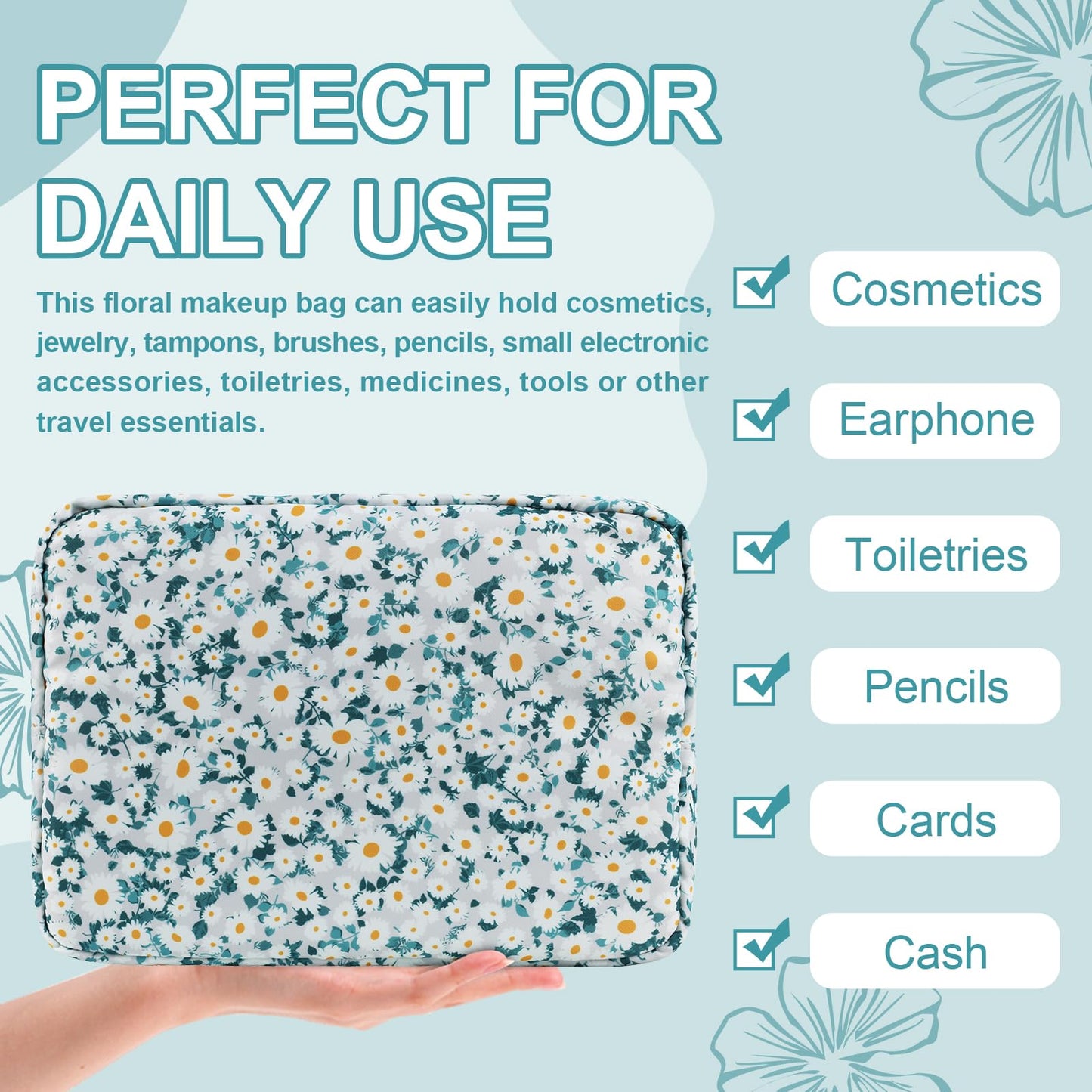 UIXIZQ Waterproof Large Floral Makeup Pouch,Nylon Travel Toiletry Storage Purse Preppy Cosmetic Bag for Women Girl,Large Capacity Makeup Organizer Zipper Pouch for Work(L Green-Daisy)