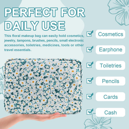UIXIZQ Waterproof Large Floral Makeup Pouch,Nylon Travel Toiletry Storage Purse Preppy Cosmetic Bag for Women Girl,Large Capacity Makeup Organizer Zipper Pouch for Work(L Green-Daisy)