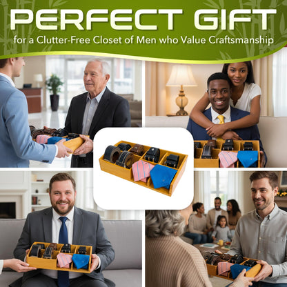 Belt Organizer for Closet and Drawer – 8 Compartments Bamboo Storage Box for Belts and Ties – Eco-Friendly Natural Bamboo