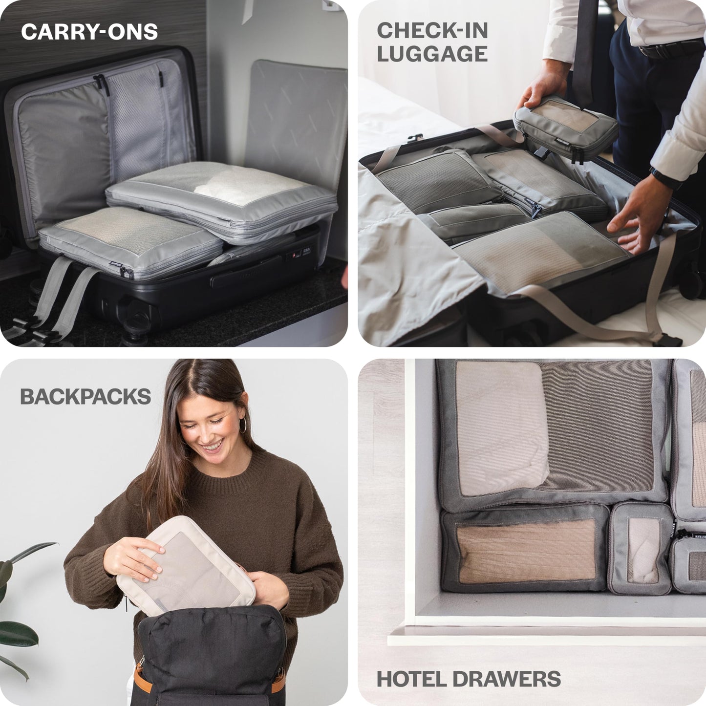 Aerotrunk Compression Packing Cubes for Travel - Luggage Organizer Bags - Double Zipper Packing Cubes for Suitcases (6-Pack, Beige)