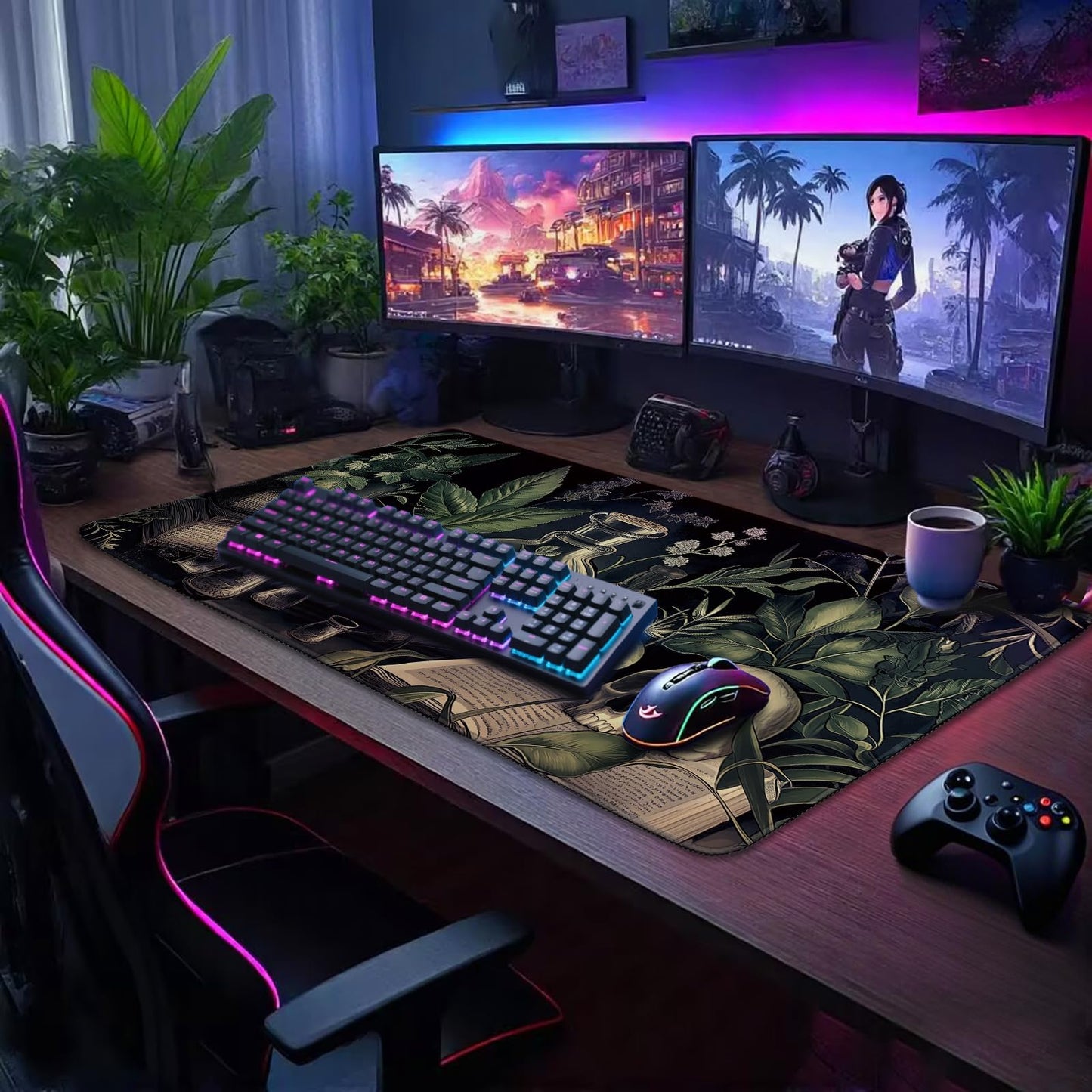 Mcapirivo Gothic Dark Botanical Large Gaming Mouse Pad 31.5"x15.7"｜XXL Desk Mat, Non-Slip Rubber Base & Stitched Edges - Extended Waterproof Mousepad for PC/Laptop/Office/Home Decor
