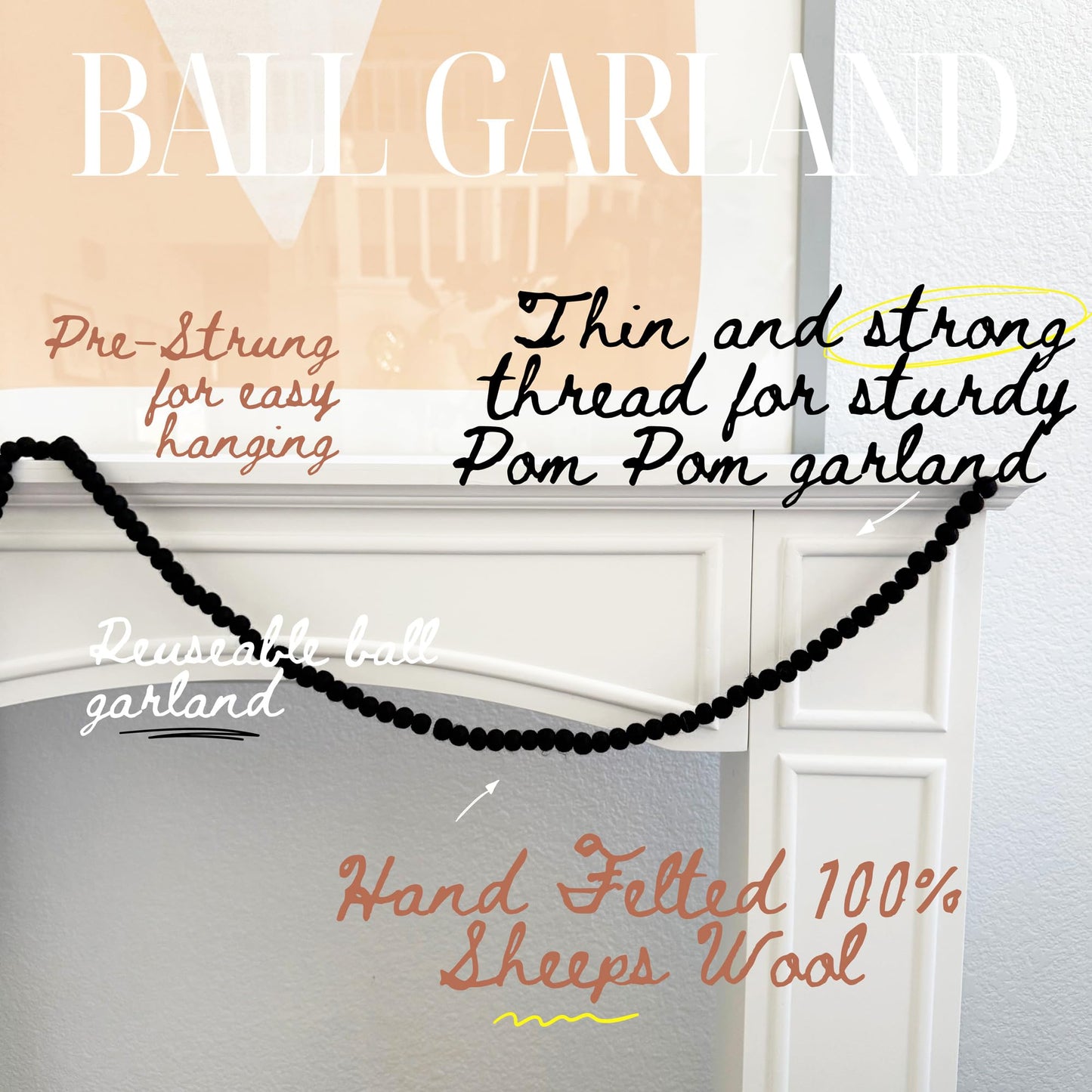 Black Pom Pom Garland New Years Eve Decoration Felt Ball Garland 5 Foot Mini Wool Balls Wool Black Birthday Party, Halloween Tree & Goth Christmas Decorations