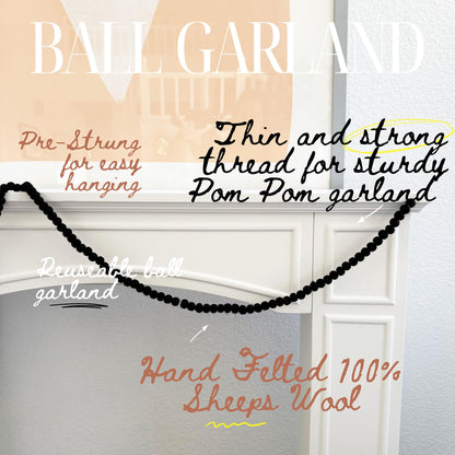 Black Pom Pom Garland New Years Eve Decoration Felt Ball Garland 5 Foot Mini Wool Balls Wool Black Birthday Party, Halloween Tree & Goth Christmas Decorations