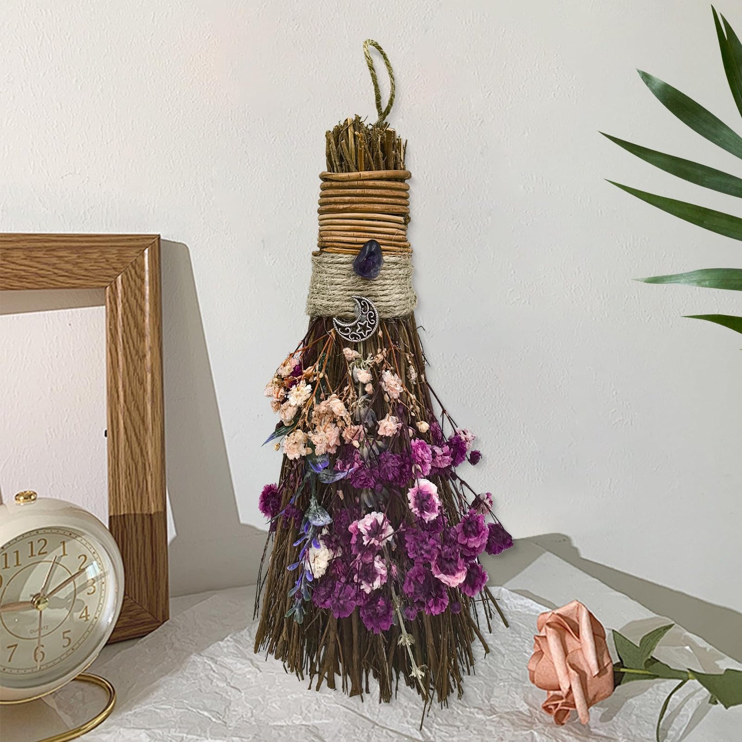 Teeloray Cinnamon Broom 7.5 Inch Witch Broom for Altar Magic Crystal Handmade Mini Cinnamon Broomstick Scented Natural Herbal Protection Witchcraft Supplies for Wiccan Décor Witchy Gifts (Purple)