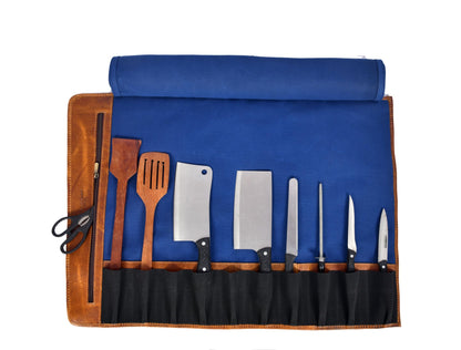 Professional Chef Knife Roll Bag, 8-Piece Kitchen Utensil Set with Leather Case, Navy Blue and Brown (Canvas, Royal)