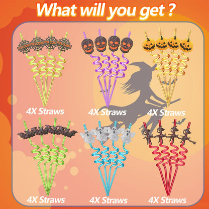 24Pcs Bling Glitter Halloween Party Favors Straws Bats Pumpkin Witch Ghost Straws for Halloween Party Supplies Birthday Party Decoration with 2 Cleaning Brush.