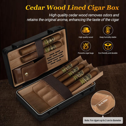 SEMKONT Travel Cigar Humidor, Portable Cedar Wood Lined Cigar Box, Waterproof Anti Pressure Sealed Cigar Storage Case, With Humidifier and Cigar Lighter Set, Can Holds 6 Cigars(Butane Not Included)