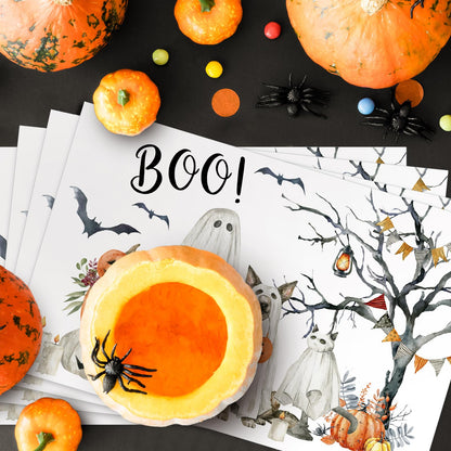 JarThenaAMCS 50Pcs Halloween Boo Paper Placemats Ghost Pet Pumpkin Dining Table Mats Disposable Place Mats for Home Kitchen Restaurant Party Decor, 11 x 17 Inch