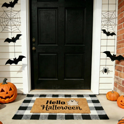 SKYPEA 2 Pcs Halloween Coir Doormat for Home 27.5 x 43 Inches with Black & White Buffalo Plaid Rug, Layered Non Slip Welcome Mats for Halloween Party, Patio & Indoor Outdoor Decor