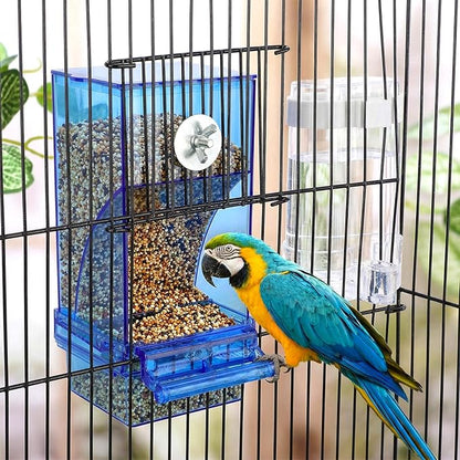 Yaomiao 6 Pcs No Mess Bird Feeders Automatic Clear Parrot Water Dispenser Acrylic Quail Feeder and Watered Cage Accessories Indoor for Small and Medium Parrot Cockatiel Canary (Blue Feeder)
