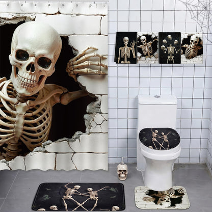 FuWeave 8 Pcs Halloween Shower Curtain Set, Skeleton Breakthrough Bathroom Decor with 3D Wall-Breaking Skull, Include Non-Slip Bath Mat, Toilet Lid Cover, Towels and 12 Hooks for Gothic Bathroom