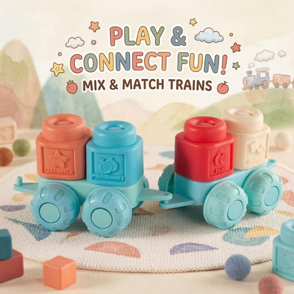 Soft Blocks Montessori Stacking Toys for toddlers 1-3, 29 PCS Baby Building Blocks, Educational Learning Toys with Fruits, Animals, Colors & Shapes, Connectable Texture Blocks Vehicles Festival Gift