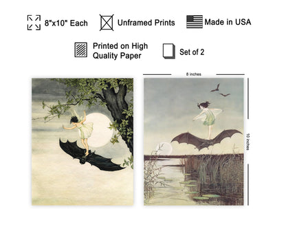 Poster Master 2-Piece Vintage Winged Fairy Riding A Black Bat Poster - Fairytale Print - Mythical Art - Fairy Art - Halloween Creative - Aesthetic Living Room or Bedroom Display - 8x10 UNFRAMED Wall Display