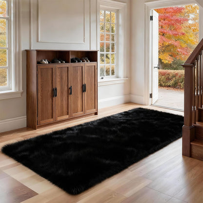 SWGRT 2x6 Solid Fluffy Black Area Rug – Washable, Durable, Small Bedroom Runner Rug, Non-Slip Shag Rugs for Hallway, Living Room, Bedroom, Bedside, Dorms, Kids Room, Nursery Rooms, Soft Indoor Carpet