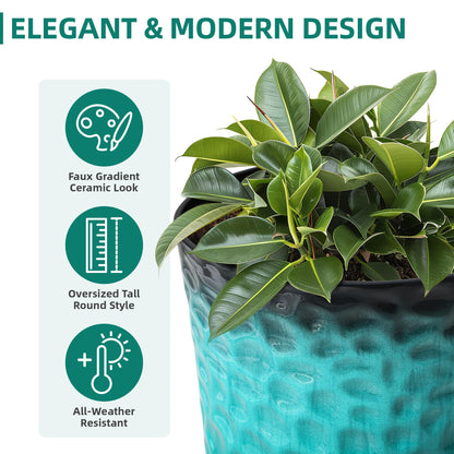 Ultym 23.75" H Large Tall Outdoor Planters, Set of 2 Plastic Large Flower Pots for Outdoor Plants, with Turquoise Teal Honeycomb Texture, Weather-Resistant for Porch, Garden, Patio or Indoor Use