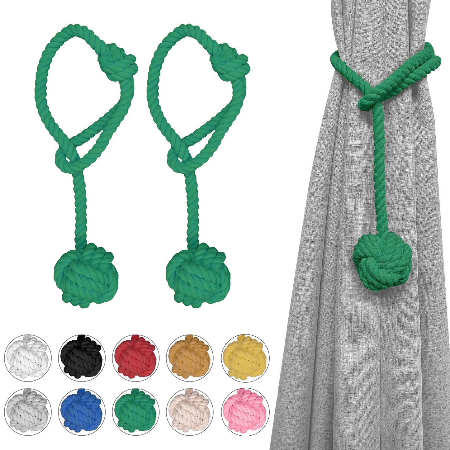 Ushomin Curtain Tiebacks, 2 Packs Heavy Duty Tiebacks, Indoor/Outdoor Decorative Tie Knot Curtain Holdbacks (Green)