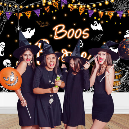 Mocsicka Halloween Boos and Booze Backdrop Skeleton Halloween Banner for Adult Cocktails Party Background for Photography Ghost Spooky Party Supplies (Black, 7x5ft(82"x60"))