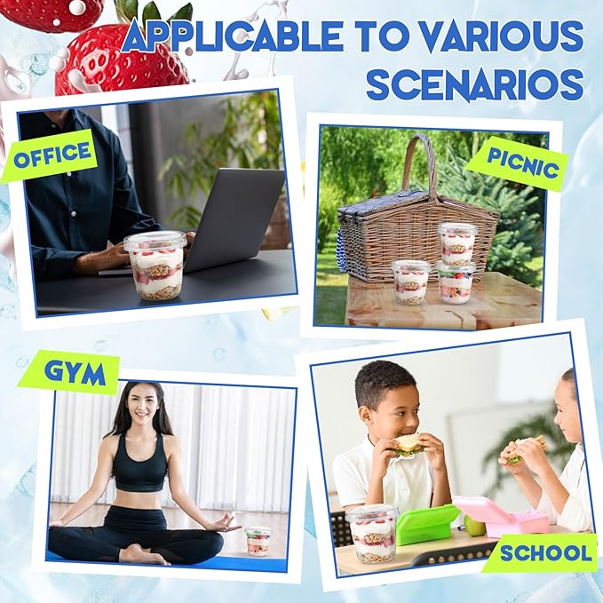 Jingmore 80 Pack 9.5oz Clear Plastic Yogurt Parfait Cups Disposable Overnight Oats Containers with Lids and Spoons Cake Fruit Jars for Food Storage Salad Ice Creams Pudding Snacks (Round Style)