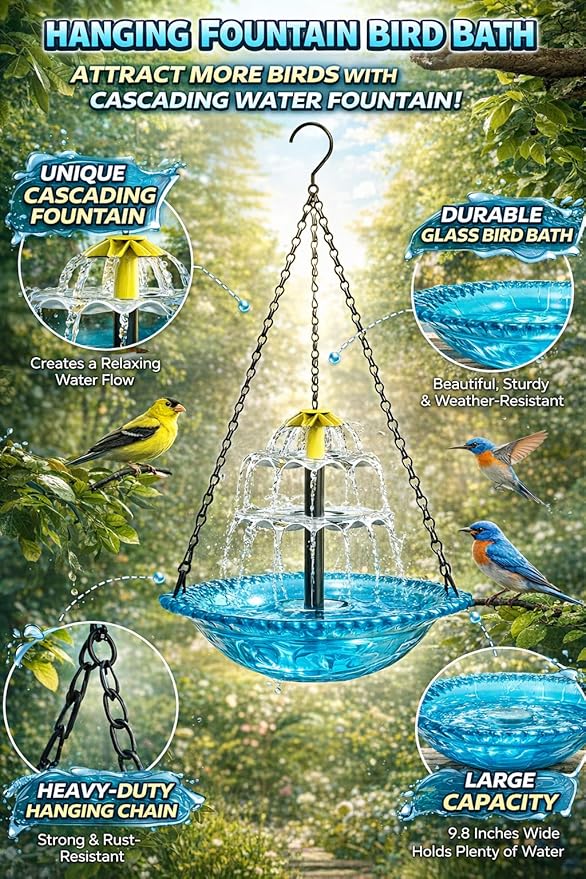 Solar Cascade Hanging Bird Bath Fountain, 2026 New Outdoor Hanging Bird Bath with Solar Fountain, Large Humming Birds Baths Fountains, with Solars Pump & Glass Bowl, for Outdoor, Gardens (#1)
