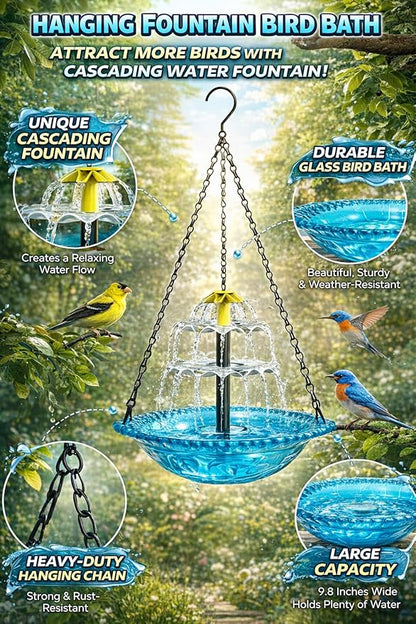 Solar Cascade Hanging Bird Bath Fountain, 2026 New Outdoor Hanging Bird Bath with Solar Fountain, Large Humming Birds Baths Fountains, with Solars Pump & Glass Bowl, for Outdoor, Gardens (#6)