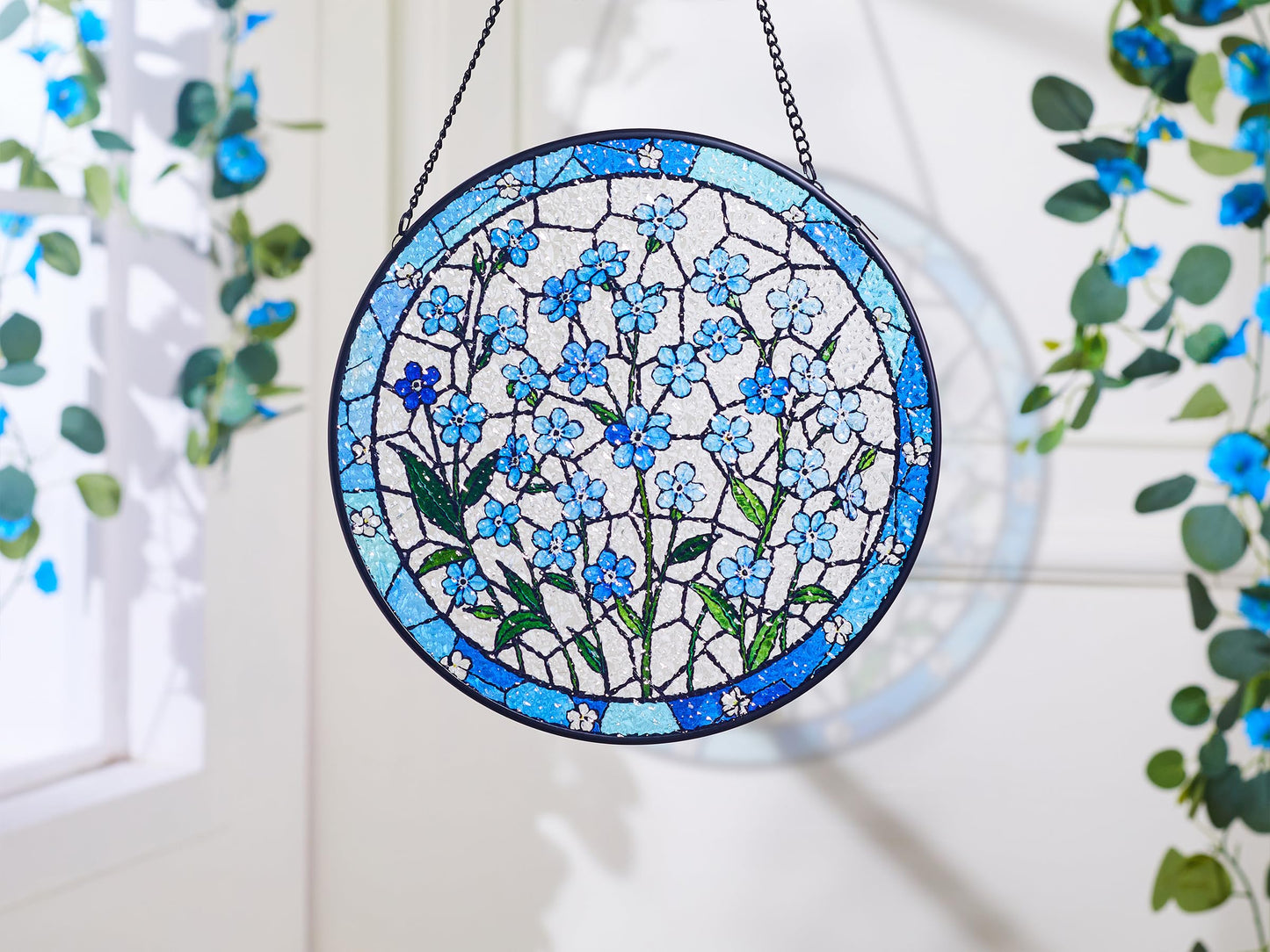 Sahoottie Forget Me Not Flower Stained Glass Window Hanging 7.9in