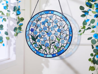 Sahoottie Forget Me Not Flower Stained Glass Window Hanging 7.9in