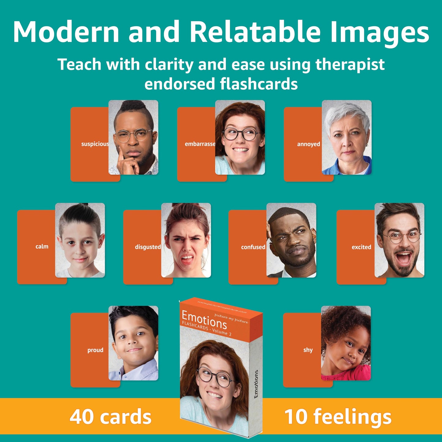 Picture My Picture Emotions Volume 2 Flash Card Set – Speech Therapy Tool for Vocabulary, Communication & Thinking, Scratch-Resistant with Activity Guide, Suitable for Education, ESL & ABA – Set of 40
