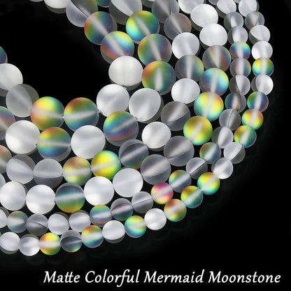 Matte Vitrail Medium Aurora Crystal Glass Beads, 6MM Frosted Glitter Shining Mermaid Round Loose Beads, Rainbow Holographic Synthetic Moonstone for Jewelry Making DIY Bracelet
