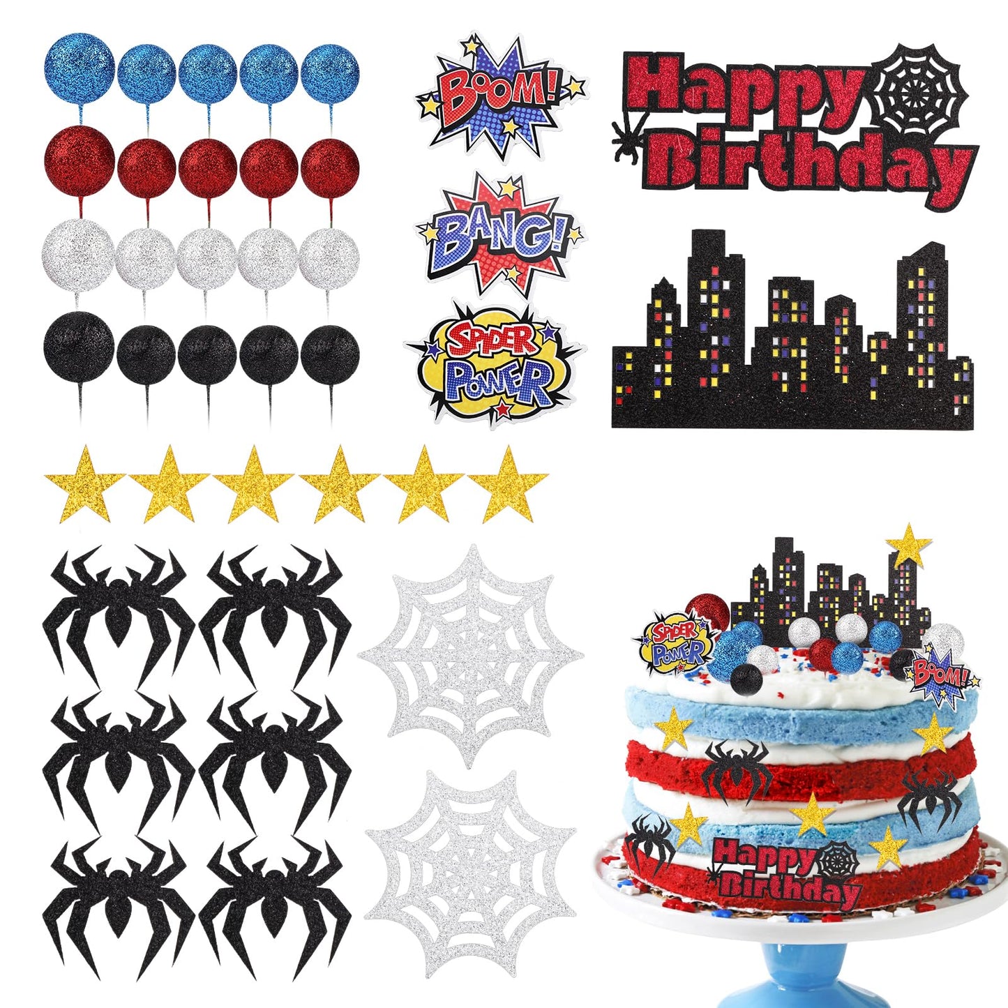 38pcs Spider Theme Cake Toppers, Spider Cake Decorations Foam Balls Happy Birthday Spider Web Decorations for Boys Men Birthday Baby Shower Spider Theme Parties