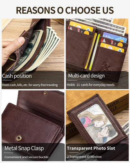 STEELLION Trifold Wallet for Men and Women, RFID Blocking Cowhide Leather Wallet with 2 Clear ID Windows, 11 Card Slots, Slim Design and Snap Closure for Everyday Carry, Travel and Gifts (Coffee)